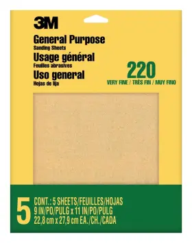 9000na 3m Sandpaper 220 Grit 5 Sheets 9 In X 11 Sands Brown