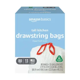 B0ctktpkv8 Amazon Basics 13 Gal Tall Kitchen Drawstring Trash Bags Clean Scent 80 Count