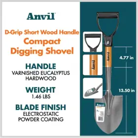77498-944 Anvil 18 Inch Wood D-grip Short Handle Carbon Steel Compact Digging Shovel Black #2