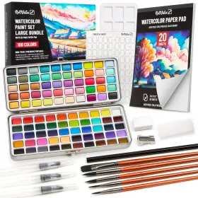 B0dc1mk7n4 Art Vista Watercolor Paint Set 100 Colors Metallics And Paper Pad - Pro/beginner Kit