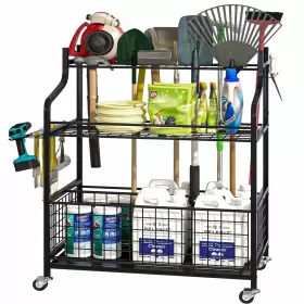 Jqf2381 Azheruol Steel Garden Tool Organizer 3-tier Storage Rack With Wheels Black - Perfect