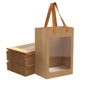 B09n3mmmcp Ballhull 12 Brown Kraft Gift Bags With Window - 9.8 Inch X7 X5.1 Presents/floral