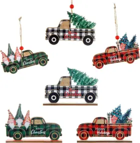 Bxl 445044078067 6 Pcs Wooden Christmas Truck Ornaments Vintage Red Decors Christ