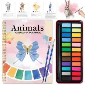 B0fq1hjlcp Cbcmpica Watercolor Workbook Beginner Painting Kit - Animal Designs 24 Colors Adult/tee
