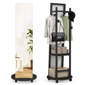 Coat Rack Length Mirror Freestanding Tree 694162396349 With Full 3 Hooks-walnut - C