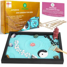 02yinyangzen23 D Divinified 11x8in Desk Zen Garden Kit - Bamboo Rakes Gem Stones Sand Tray Office Decor
