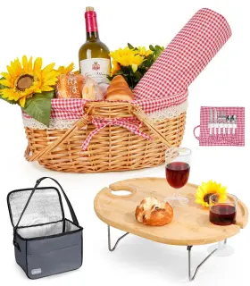 00072rw Filano Picnic Basket For 2 With Table And Blanket Collapsible Red White Lining