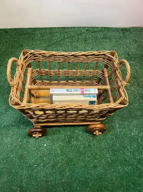 Mrc51 Frans Wicker Rolling Magazine Wagon Handwoven Rattan Rack For Books Plants And Towels