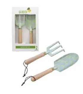 Garden Party 195602053780 Tool Set Trowel Fork Wood Handle Blue Green Leaf Design 2pc