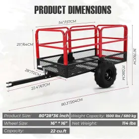 Garvee 629831821631 Atv Trailer Dump Cart 1500lbs Tow Behind Yard Wagon Garden For Tractor Utv