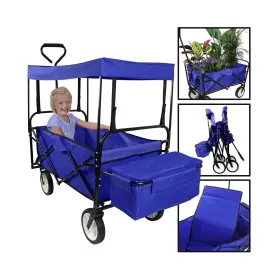 Ym-4438924 Geniqua Blue Collapsible Wagon Folding Cart With Canopy Beach Garden Outdoor Sport Ut