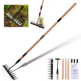 Ghv-rk01 Glimhirvox Gardenia Iron Weeding Rake With Handle 3.0 Heavy Duty 9 Teeth Beech Wood