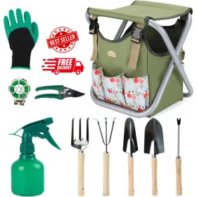 Good Gain 726084180642 12 Pcs Garden Tools Set Gardening Hand With Folding Chair Seat And