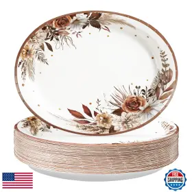 B0f5gxrsnj Grencian 50 Fall Boho Floral Oval Paper Plates 10 Inch X12 Large Disposable Heavy-du