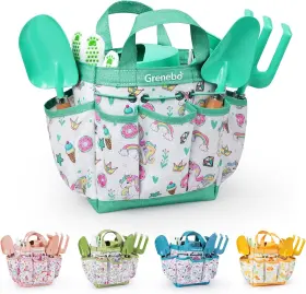 Am20 Grenebo Gardening Kids Set Toys Shovels Apron Plant Flower Tools Bag Kit Light Green Am