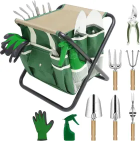 Hohaing 744110685244 Garden Tool Set 10 Piece Kit With Heavy Duty Folding Stool Detachable Storage