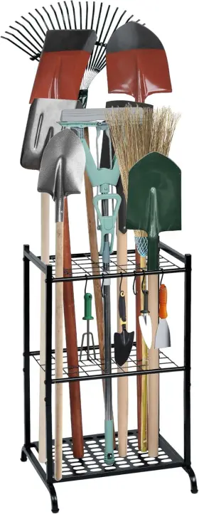 Huaxing 726084640986 Garden Tool Organizer Rack Tower For Garage Up To 35 Tools With 6 Hooks Black
