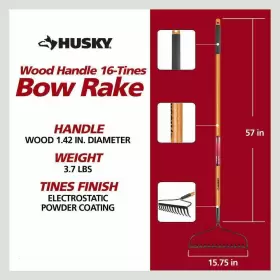 78115-948 Husky Garden Tool Set 3pc Digging Shovel Bow Leaf Rake Wood Powder-coated Black #2