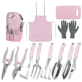 Ihansee 717181190696 Pink Garden Tool Sets 12 Pieces Aluminum Gardening Hand Tools With N