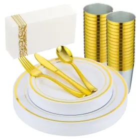 B09ct5kjbz Isfangco 175-pc Gold Rimmed Dinnerware Set For 25 Guests - Heavy Duty White