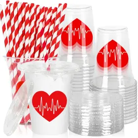 J6103 Jar Thena Amcs 50pcs Nurse Plastic Cups With Lids And Straws Red Heart Clear 12oz