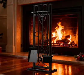 F8070 Kingson 5-piece Heavy Duty Wrought Iron Fireplace Tool Set - Durable Indoor &
