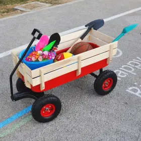 Liveditor 698459440739 Outdoor Wooden Wagon With Extra-long Handle