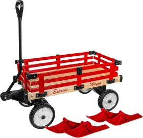 Millside Industries 774996049274 Convertible Wood Wagon Cart With 4 Flat-free Tires And Sleigh Runners For Red