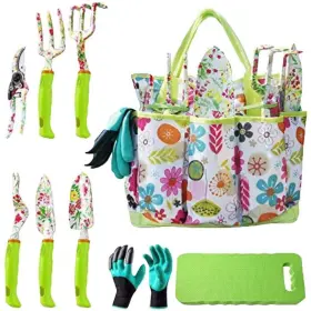 Misopily 313101748765 9-piece Garden Tool Set With Floral Tote Gloves Kneeling Pad Ergonomic Handle To