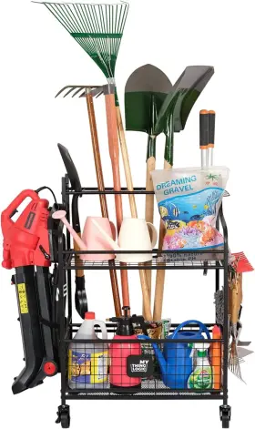 Mythinglogic 715787852420 Garden Tool Organizer For Garage Yard Rack With Wheels Garag