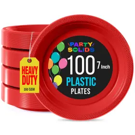 B01d3mtg0g Party Solids Red Plastic Plates 7 Inch - Heavy Duty Disposable Supplies 100 Pack