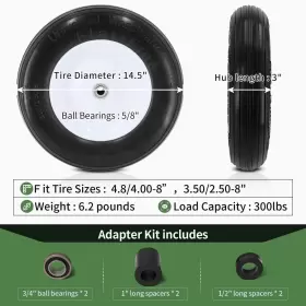 Pontuss 699838471115 Wheelbarrow Tire 4.80/4.00-8 Flat-free With 3/4 And 5/8 Wheel Bearing 3-6 Hub 16 #3