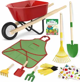 Qtioucp 445035058061 Kids Gardening Wheelbarrow Set Metal And Wooden Garden Tools For