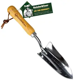 Rainbowiner 759784904584 Garden Transplanter Trowel Chrome Stainless Head With Depth Marks Wood Handle