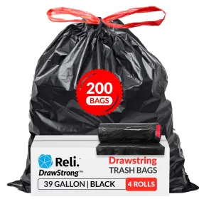 B07ymxp25h Reli. 39 Gallon Trash Bags Drawstring 200 Count Heavy Duty Black Garbage Lawn Le