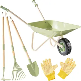 Robotime 711181130843 Kids Wheelbarrow Set Gardening Tool With Metal Toy Shovel Hoe Broom And Gloves