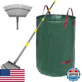 B0dwl2dbcz Serqd Adjustable Garden Rake 36-73 Inch Handle 18 Wide 25 Tines 32gal Leaf Bag