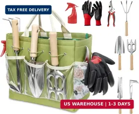 Snuggalux 762283437606 Garden Tools Set 9-piece Heavy Duty Gardening With Clear Pocket Tote Bag