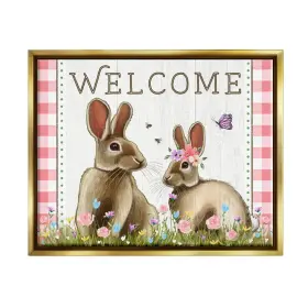 Stupell Industries 197658007632 Welcome Plaid Spring Garden Rabbits Framed Floater Canvas Wall Art Design By