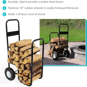 Sunnydaze Decor 313053845895 Outdoor Firewood Log Cart With Pneumatic Tires - Black Steel Rolling W #3