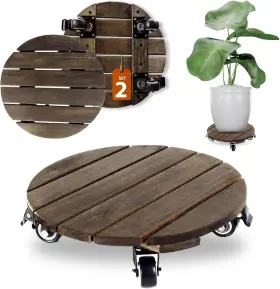 Caddy-p2-round-walnut Timberholm 2pcs Wood Plant Caddy With Wheels 12 Inches Heavy Duty Round - Walnut