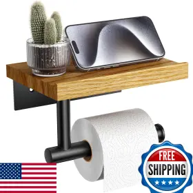 B0c6jnwfy7 Tindbea Toilet Paper Holder With Wood Shelf - Wall Mount Matte Black Stainless