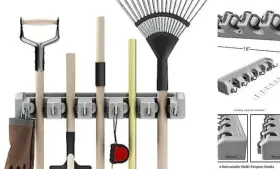 75-st6059-2 Trademark Global Garden Tool Organizer Wall Mount Broom And Mop Holder 5 Adjustable Slots