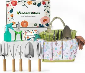 Verdantvibes 751018827492 Gardening Tools Set 9-piece Heavy-duty Hand With Floral Tote Bag