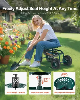 Vevor 197988152484 Rolling Garden Cart With Swivel Seat Heavy Duty Storage