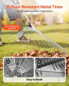 Vevor 197988886068 Leaf Rake 15 Metal Tines Adjustable Garden For Lawns With 7.5-22.4