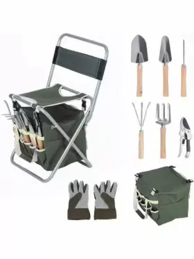 Wekity 629721832297 9 Pcs Garden Tools Set Ergonomic Wooden Handle Sturdy Stool With Detachable Tool