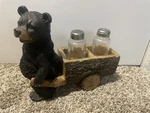 Black Bear W/ Cart Salt & Pepper Shakers Rustic Log Cabin Decor Man Cave. Fixed Price $15.00.