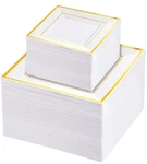 Liacere 100PC White Gold Square Plastic Plates - 50X 9.5" Dinner, 6" Dessert. Fixed Price $85.90.