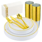 Isfangco 175-PC Gold Rimmed Dinnerware Set For 25 Guests Heavy Duty White. Fixed Price $65.33.
